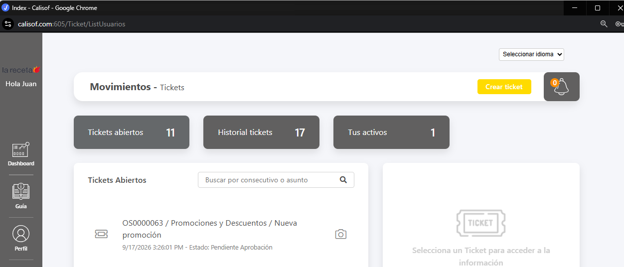 Pantalla principal de Calisof con el botón Crear ticket