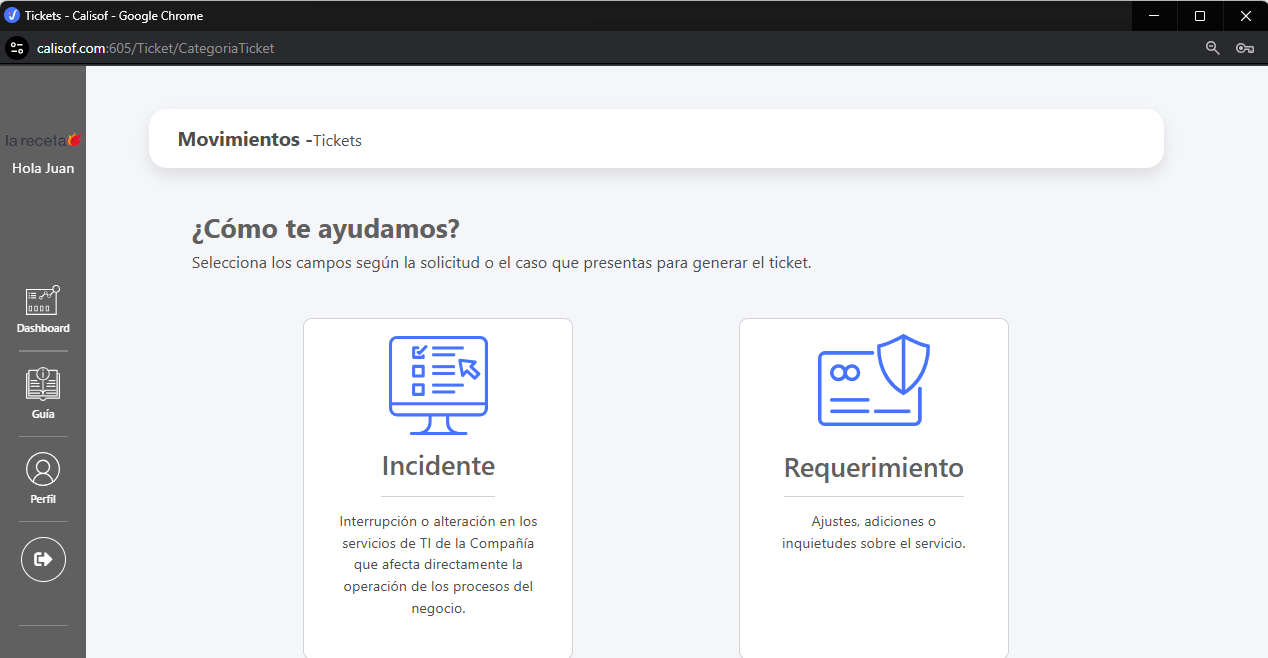 Selección entre Incidente y Requerimiento en Calisof