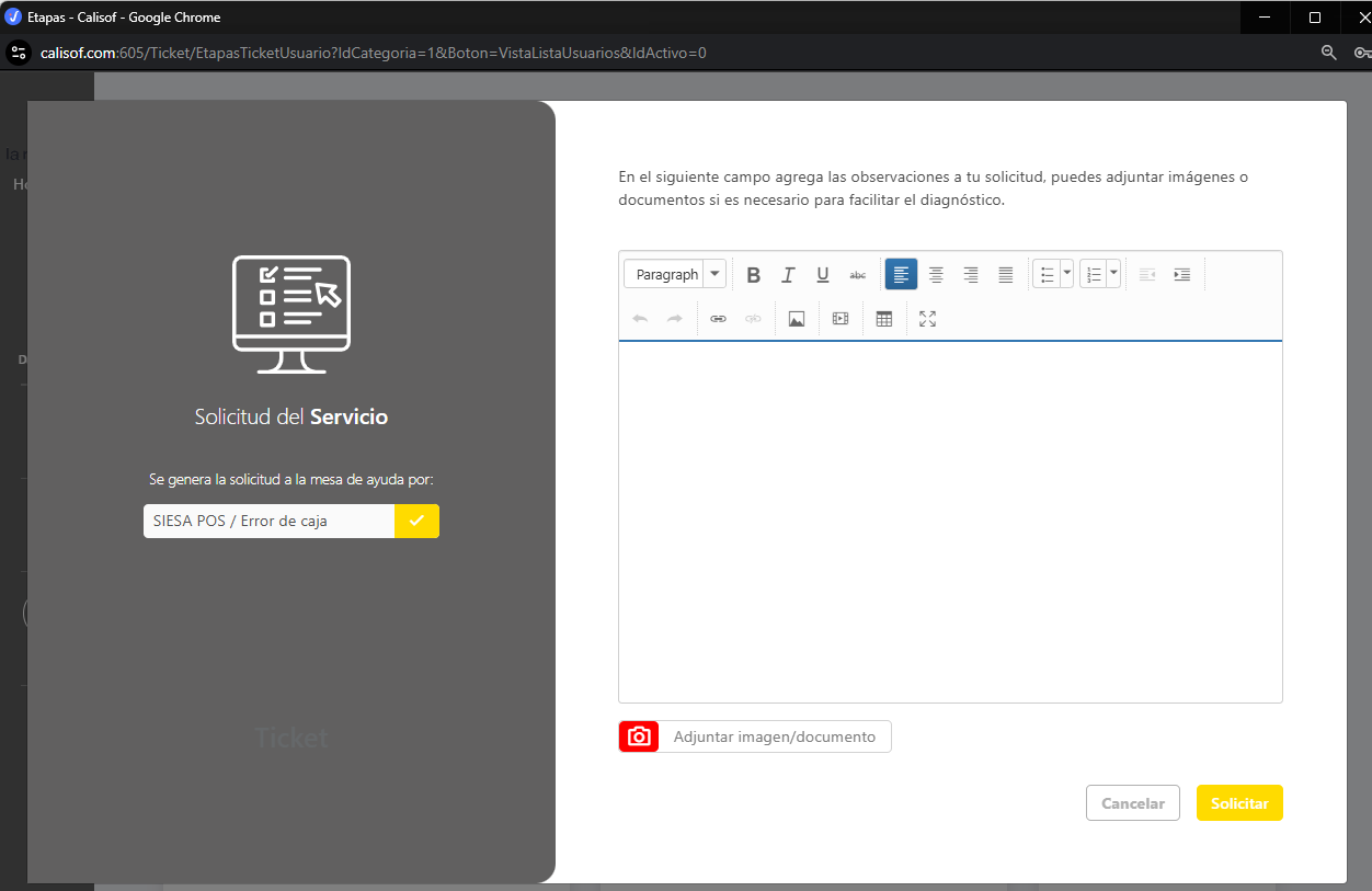 Formulario para describir y solicitar el ticket